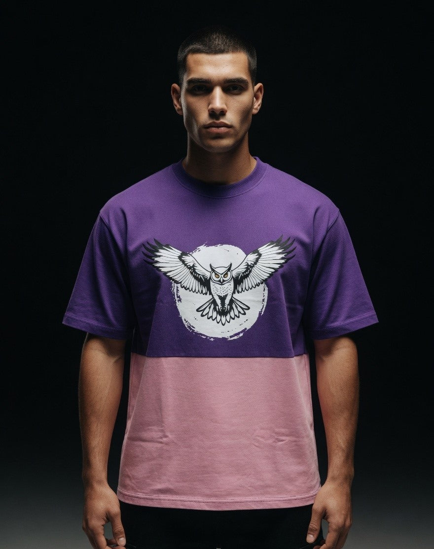 AUREVIN Colorblock Oversized Owl Graphic T-Shirt – Premium Cotton (Purple & Pink)