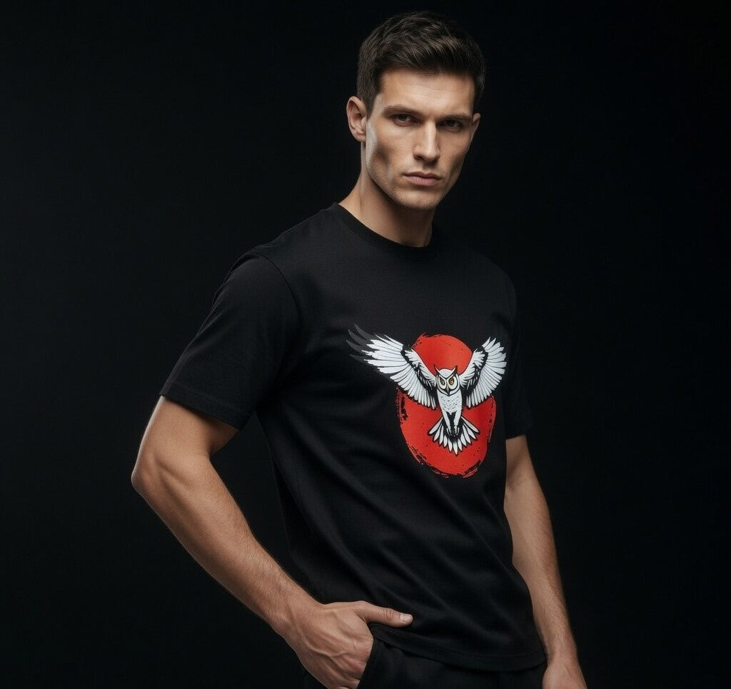 AUREVIN Acid Wash Owl Graphic Printed T-shirt
