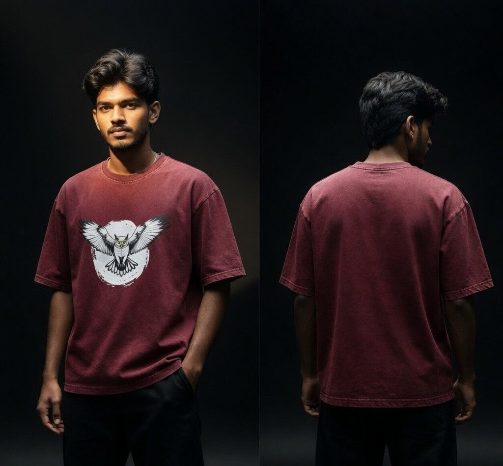 AUREVIN Acid Wash Oversized Owl Graphic T-Shirt – 280 GSM Heavy Cotton (Maroon)