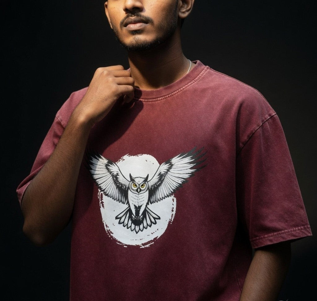 AUREVIN Acid Wash Oversized Owl Graphic T-Shirt – 280 GSM Heavy Cotton (Maroon)