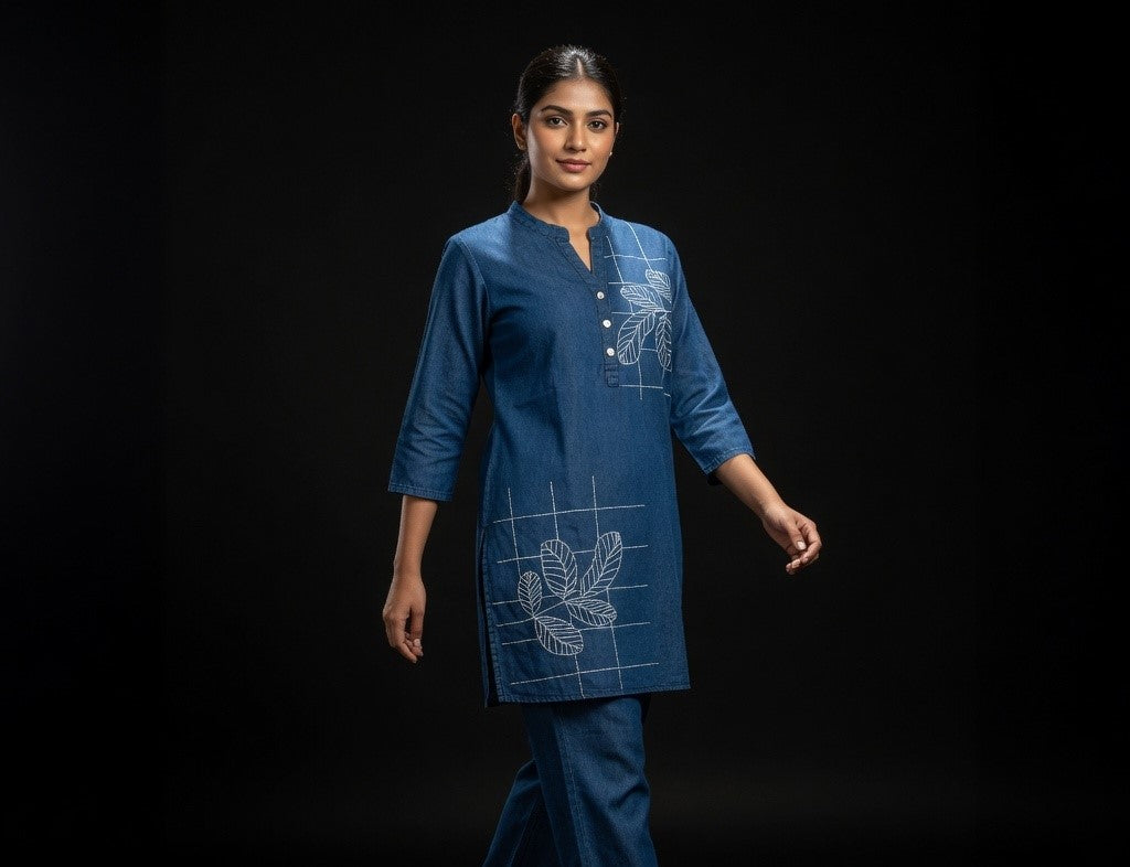 omen's Blue Printed Denim Kurti