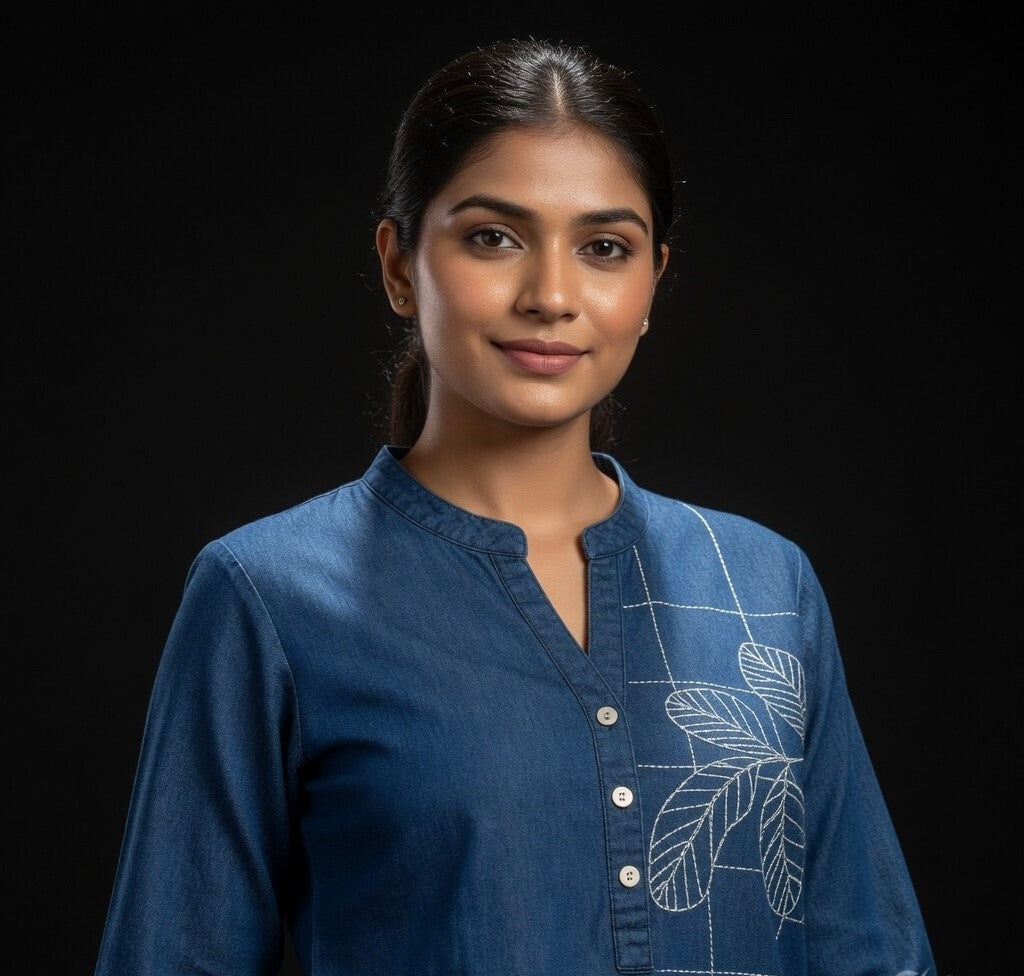 omen's Blue Printed Denim Kurti