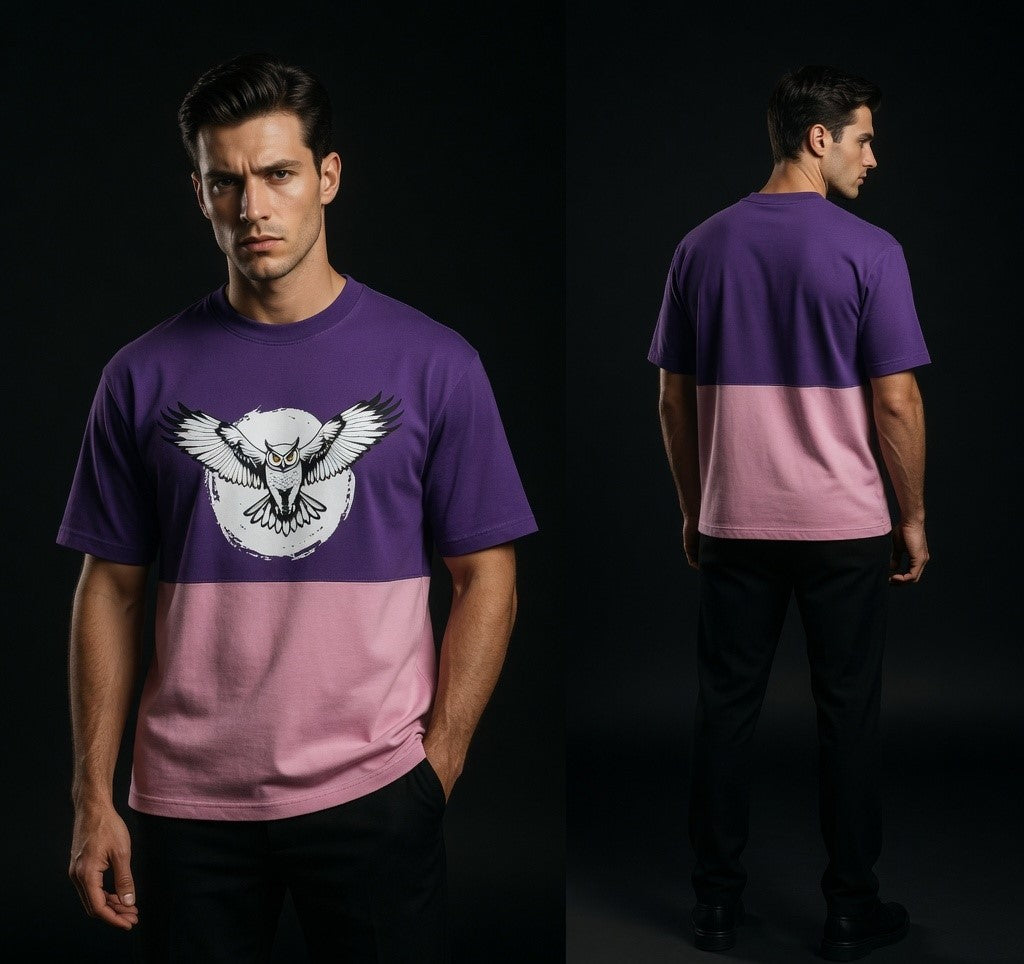 AUREVIN Colorblock Oversized Owl Graphic T-Shirt – Premium Cotton (Purple & Pink)