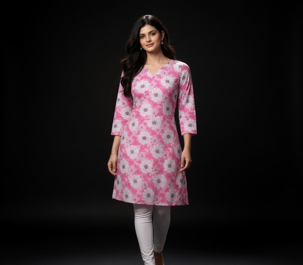 women's Pink floral Printed Rayon Slub kurti