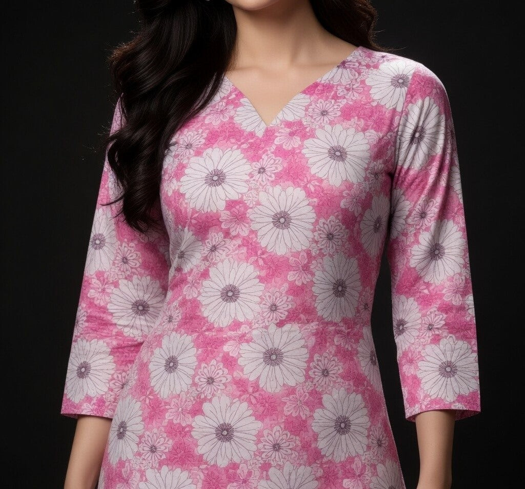 women's Pink floral Printed Rayon Slub kurti