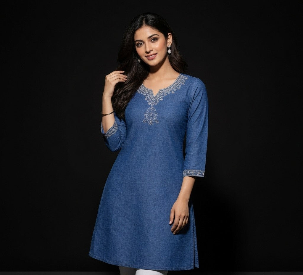 Elegant Blue Embroidered Cotton Kurti