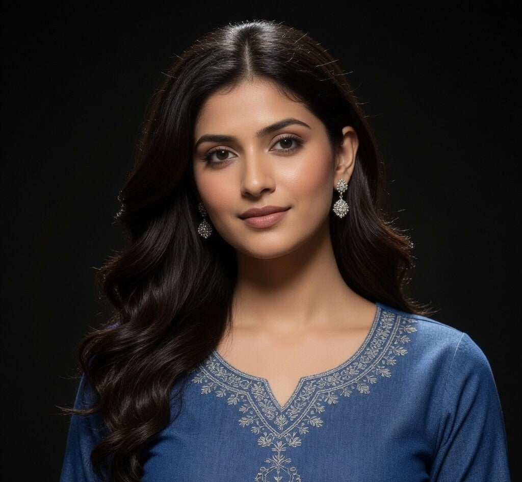 Elegant Blue Embroidered Cotton Kurti